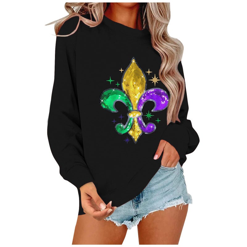 BEIDEFY Mardi Sweatshirt for Women Sequin Fat Tuesday Long Sleeve Shirt New Orleans Carnival Party Pullover Top Black - Image 1