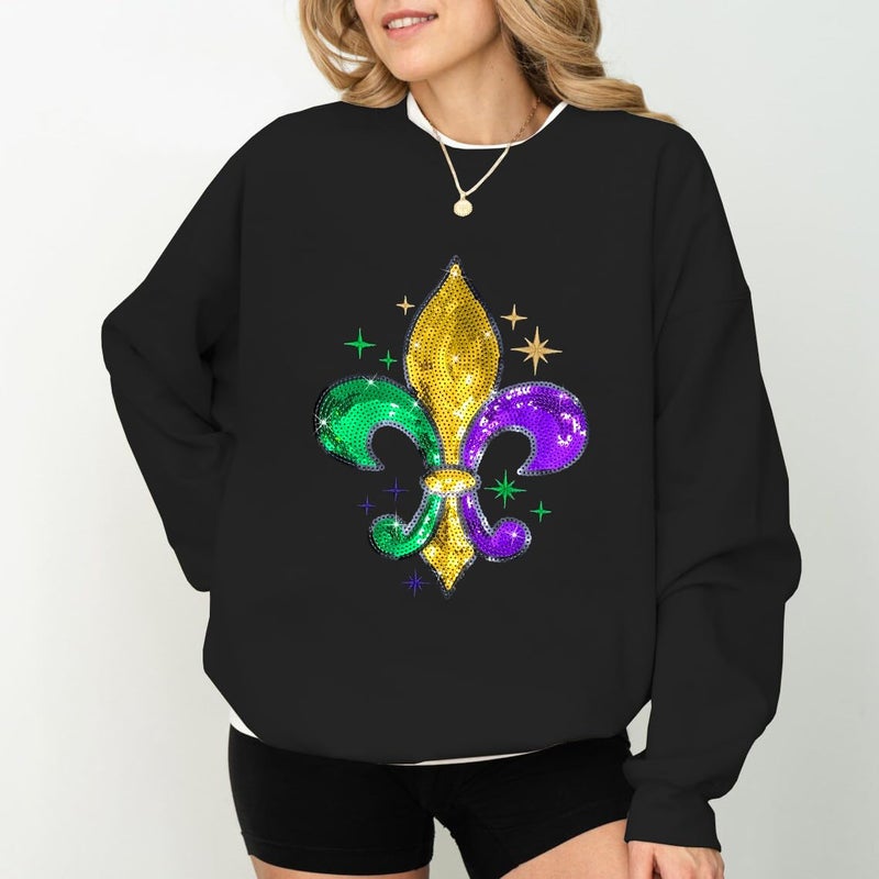 BEIDEFY Mardi Sweatshirt for Women Sequin Fat Tuesday Long Sleeve Shirt New Orleans Carnival Party Pullover Top Black - Image 4