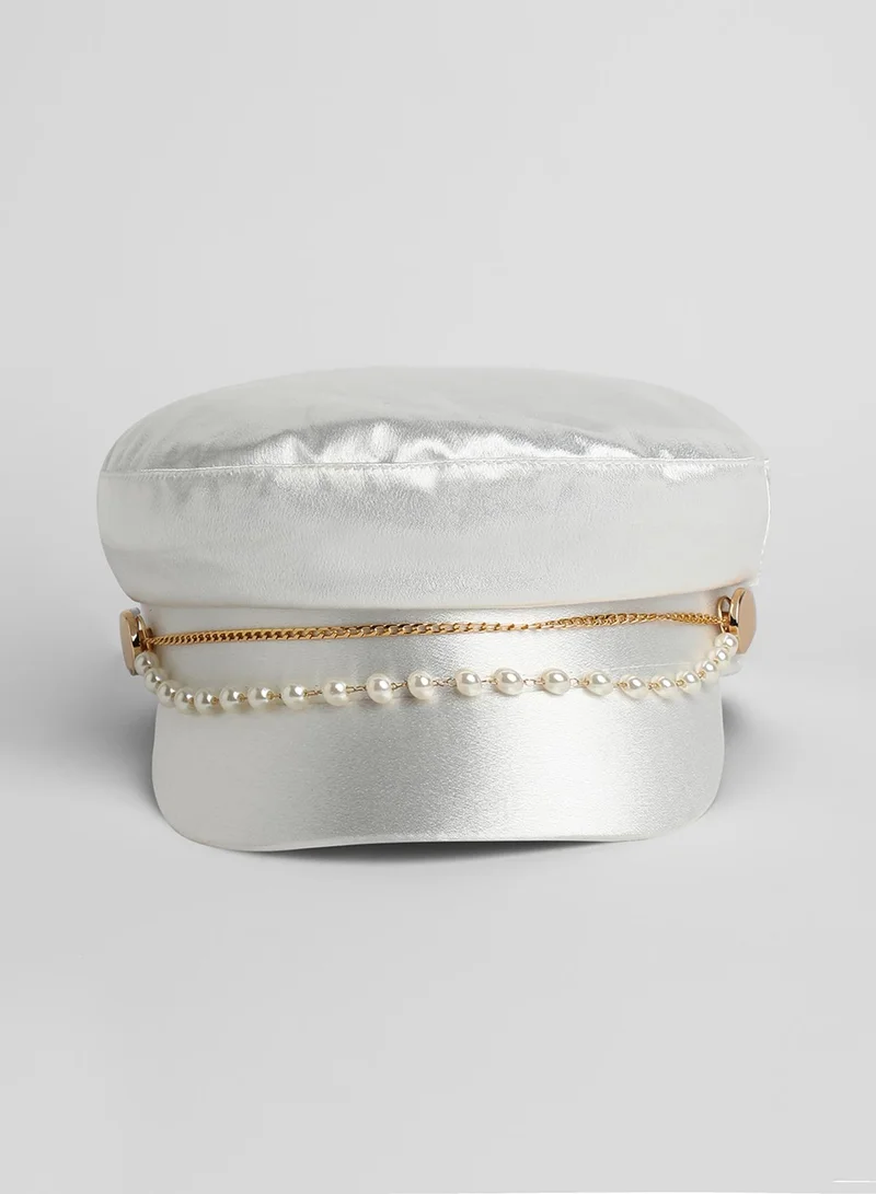 Haute Sauce Chain-Lined Satin Bakerboy Cap - Powder White