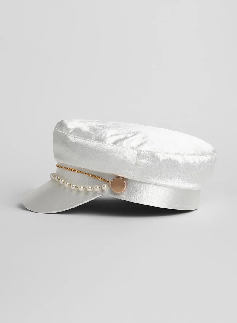 Haute Sauce Chain-Lined Satin Bakerboy Cap - Powder White