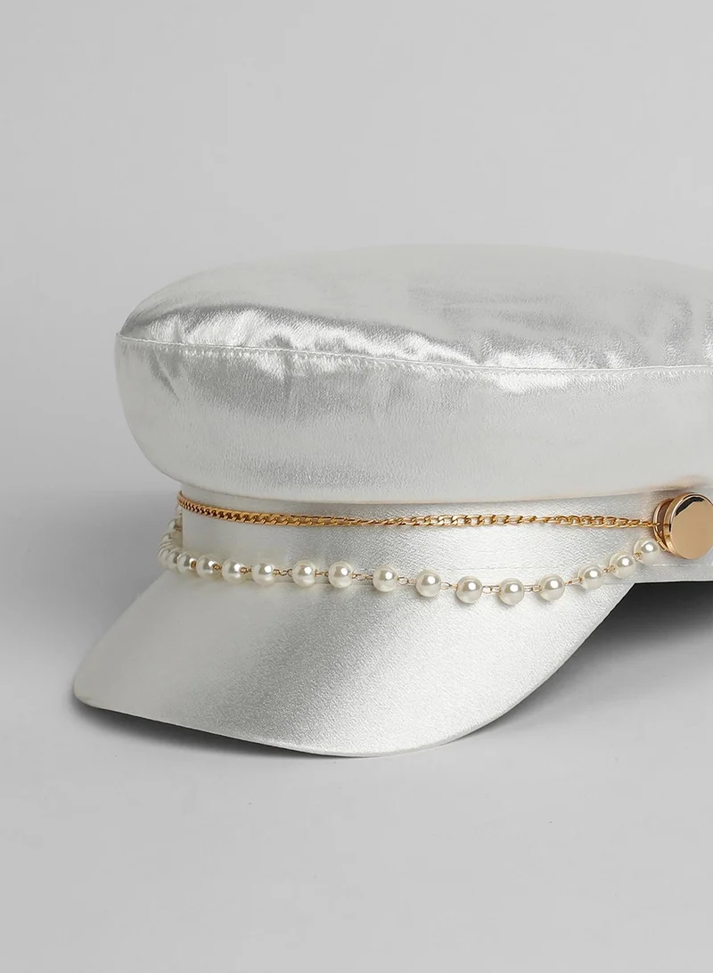 Haute Sauce Chain-Lined Satin Bakerboy Cap - Powder White