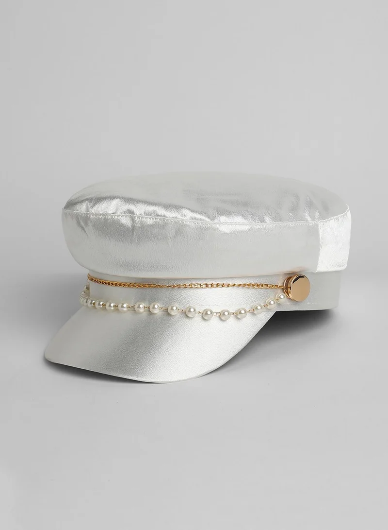 Haute Sauce Chain-Lined Satin Bakerboy Cap - Powder White