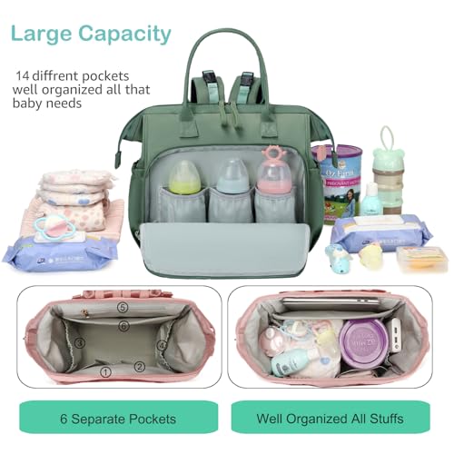 LORADI Large Diaper Bag Tote Hospital Bag Baby Shower Essential Green - Image 3