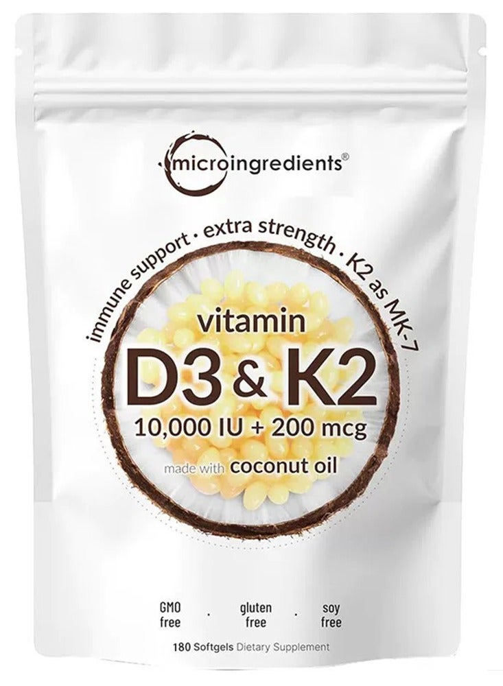 مايكرو إنجريدينتس فيتامين D3 10000 وحدة دولية 10000 وحدة دولية بالإضافة إلى K2 MK 7 200 ميكروغرام 180 كبسولة هلامية من زيت جوز الهند البكر 2 في 1 فيتامينات D K المركب يدعم امتصاص الكالسيوم صحة القلب المناعية والعظام سهل البلع - Image 1