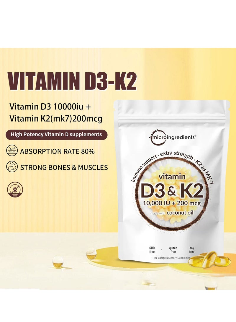 مايكرو إنجريدينتس فيتامين D3 10000 وحدة دولية 10000 وحدة دولية بالإضافة إلى K2 MK 7 200 ميكروغرام 180 كبسولة هلامية من زيت جوز الهند البكر 2 في 1 فيتامينات D K المركب يدعم امتصاص الكالسيوم صحة القلب المناعية والعظام سهل البلع - Image 2