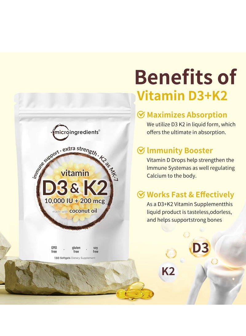 مايكرو إنجريدينتس فيتامين D3 10000 وحدة دولية 10000 وحدة دولية بالإضافة إلى K2 MK 7 200 ميكروغرام 180 كبسولة هلامية من زيت جوز الهند البكر 2 في 1 فيتامينات D K المركب يدعم امتصاص الكالسيوم صحة القلب المناعية والعظام سهل البلع - Image 3