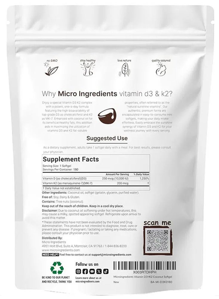 مايكرو إنجريدينتس فيتامين D3 10000 وحدة دولية 10000 وحدة دولية بالإضافة إلى K2 MK 7 200 ميكروغرام 180 كبسولة هلامية من زيت جوز الهند البكر 2 في 1 فيتامينات D K المركب يدعم امتصاص الكالسيوم صحة القلب المناعية والعظام سهل البلع - Image 4