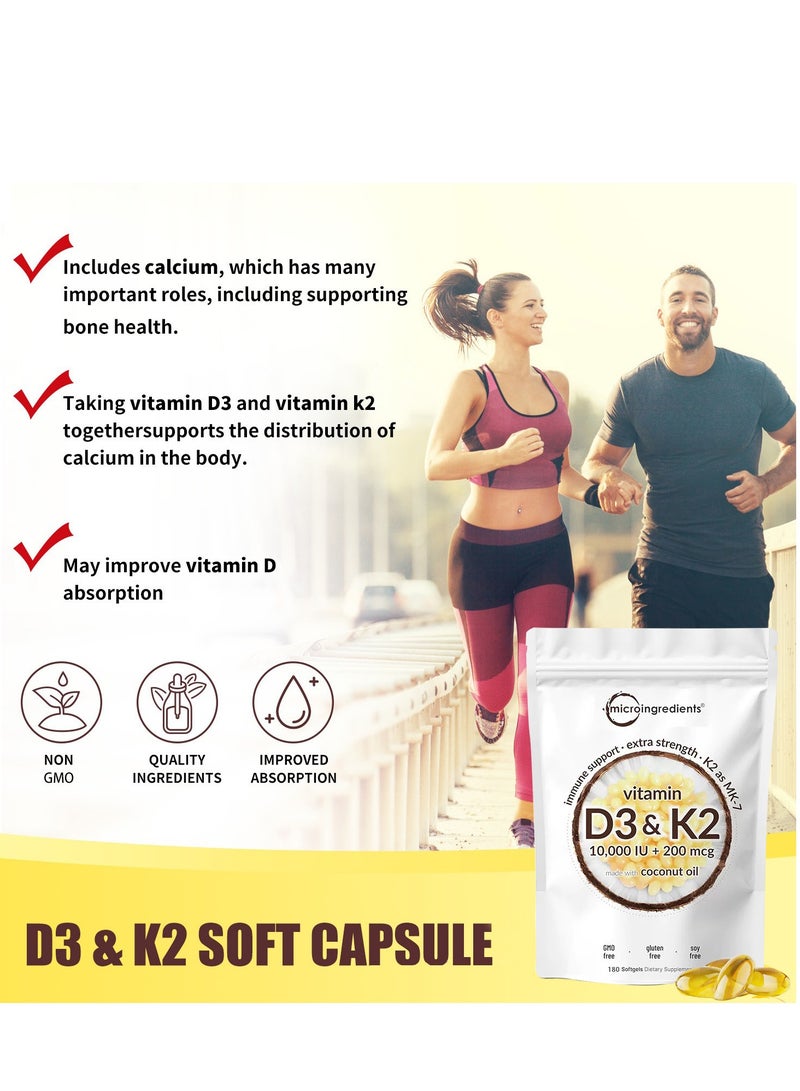 مايكرو إنجريدينتس فيتامين D3 10000 وحدة دولية 10000 وحدة دولية بالإضافة إلى K2 MK 7 200 ميكروغرام 180 كبسولة هلامية من زيت جوز الهند البكر 2 في 1 فيتامينات D K المركب يدعم امتصاص الكالسيوم صحة القلب المناعية والعظام سهل البلع - Image 5