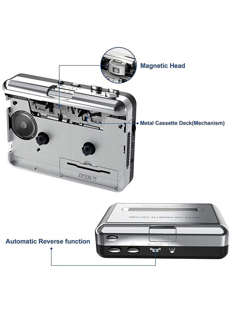 Portable Cassette Player/Cassette to MP3 Converter Capture Cassette Tape to MP3/CD Audio via USB –Converter Retro with Earphones, Compatible with Cell Phone Charger | USB Cable & User Manual Included  - Image 2