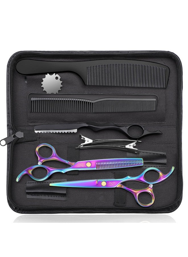 JASON Hair Cutting Scissors Set - Professional 10 PCS Haircut Scissors kit, Texturizing Scissors with 30 Teeth, Straight Shears for Barber, Hairdresser, Men, Women, Stylist (6.7", Rainbow) - Image 1