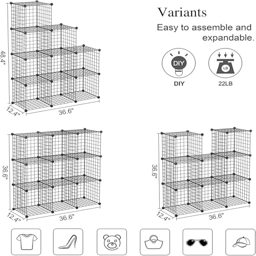 Snazzy Wire Cube Storage, 9-Cube Organizer Metal, Wire C Grids Storage, Storage Bins Shelf, Modular Bookshelf, Closet Cabinet Ideal for Home, Living Room, Office 36.6”L x 12.4”W x 48.4”H Black - Image 4