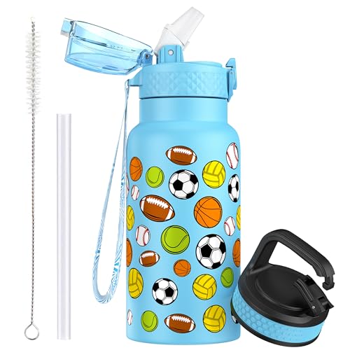 OLDLEY 500ml17oz Kids Stainless Steel Insulated Water Bottle with Straw Double Wall Metal Vacuum Leakproof Reusable Small Flask with 2 Different Lids Hot Cold Drinks for Boys Girls Toddler Children
