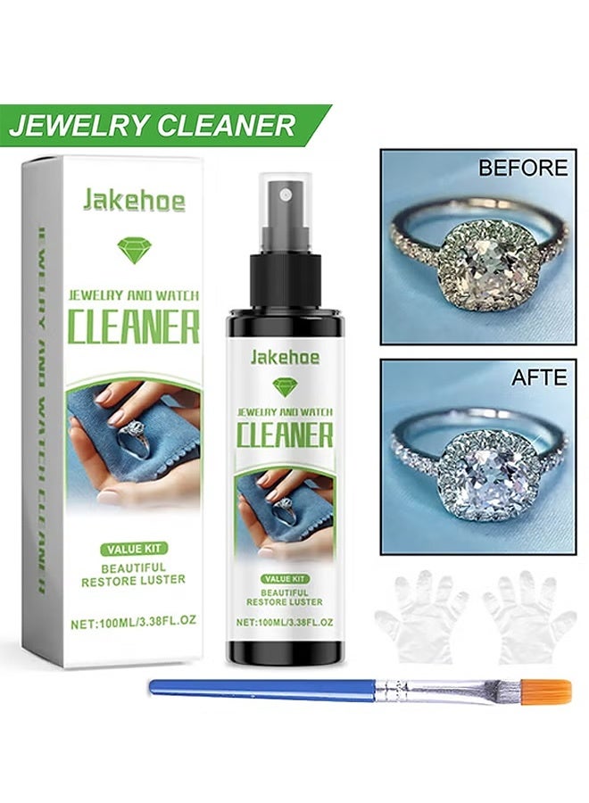 Jakehoe عامل تنظيف المجوهرات 100 مل - محلول تنظيف مجوهرات فضية - منظف مجوهرات عالي الجودة - بخاخ تنظيف المجوهرات لللمعان الفوري - بخاخ تنظيف مجوهرات لامع كالألماس - محلول تنظيف مجوهرات سريع - مع قفاز وفرشاة - Image 1