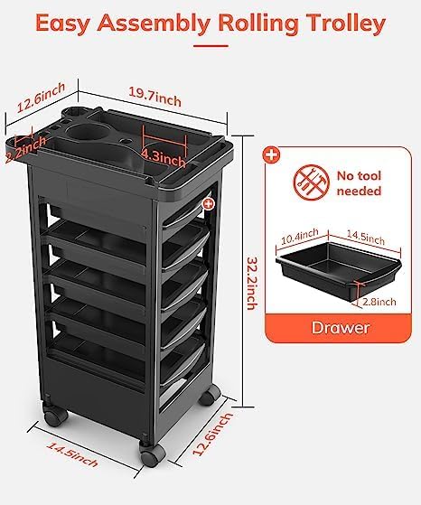 Qtavia lookstar Budget Hair Styling Salon Trolley Cart with Wheels and 5 Drawers Salon Rolling Cart for Extra Hairdresser Storage Tool Free Rolling Salon Cart for Hair Stylist Hairdresser Beauty Tattoo - Image 3