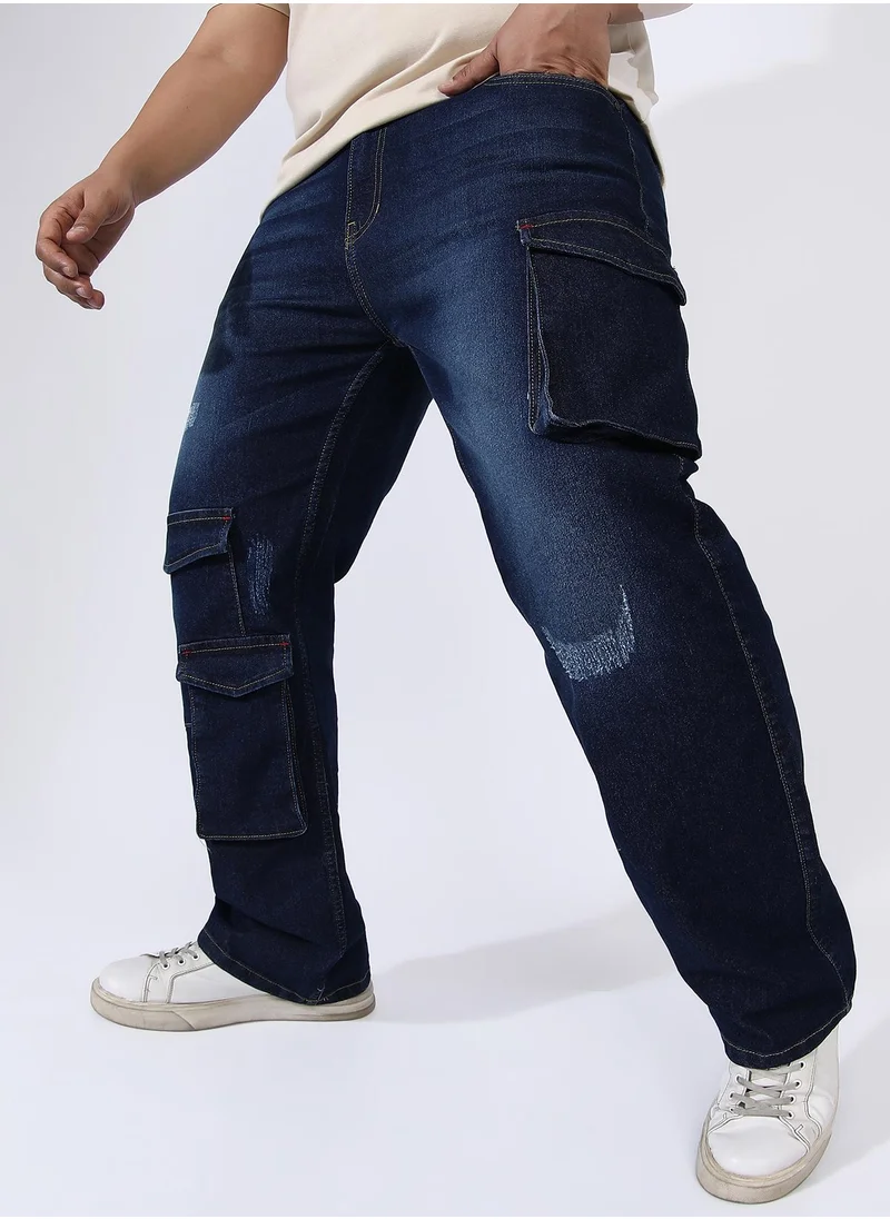 Instafab Plus Men's Dark Blue Utility Cargo Denim Jeans