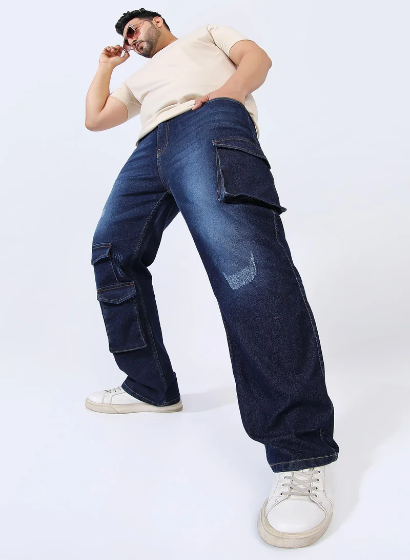 Instafab Plus Men's Dark Blue Utility Cargo Denim Jeans