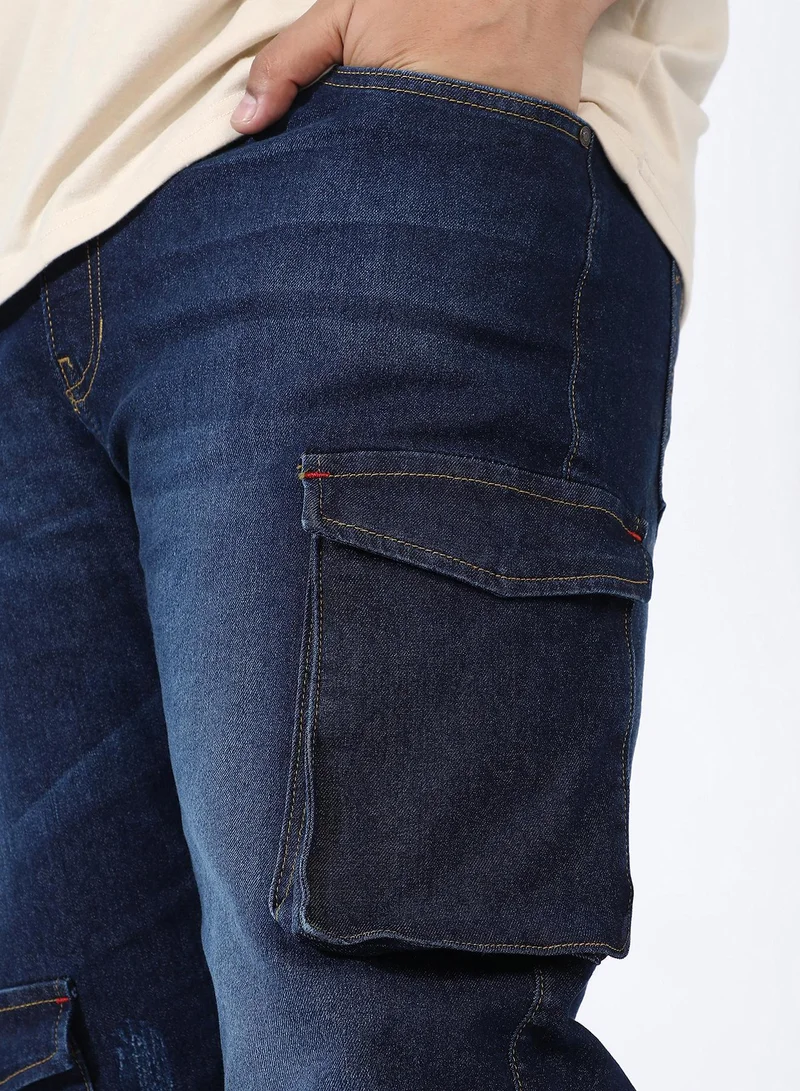 Instafab Plus Men's Dark Blue Utility Cargo Denim Jeans