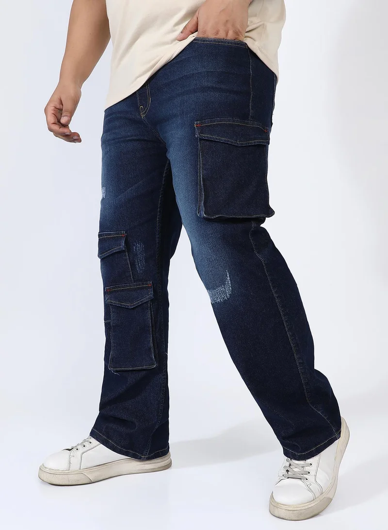 Instafab Plus Men's Dark Blue Utility Cargo Denim Jeans