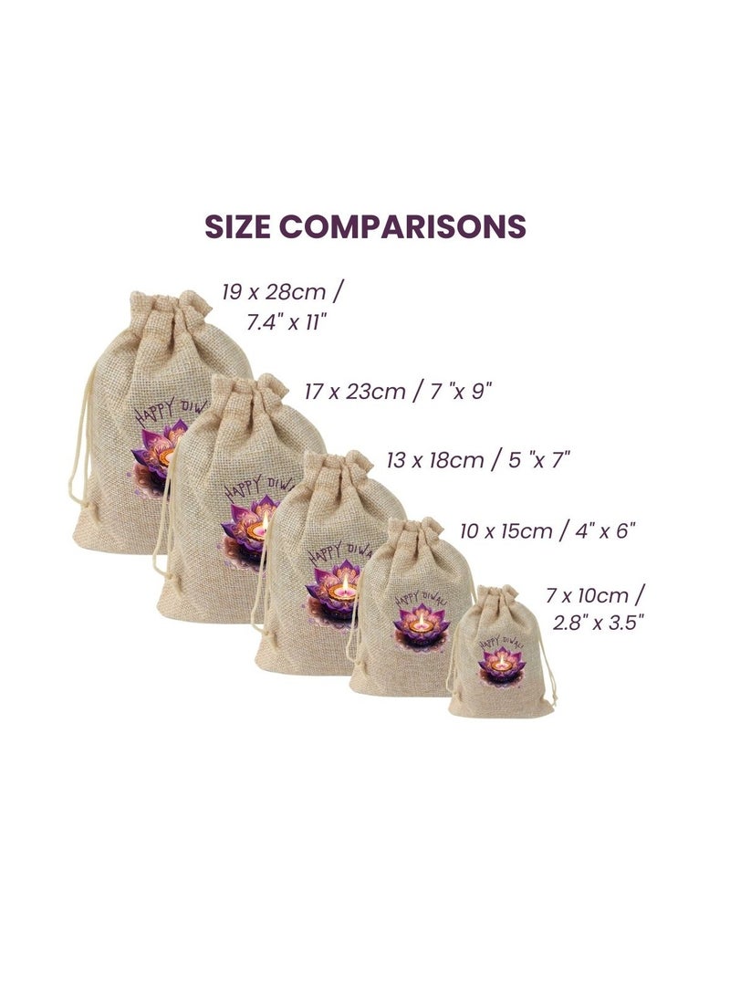 PRINTSHOP4ME Diwali Burlap Gift Bags-Set Of 12 Bags Reusable Gift Bags For Festive&Return Gifts Perfect For Diwali Celebrations Jute Bag For Sweets,Jewelry,Dry Fruits  - Image 2