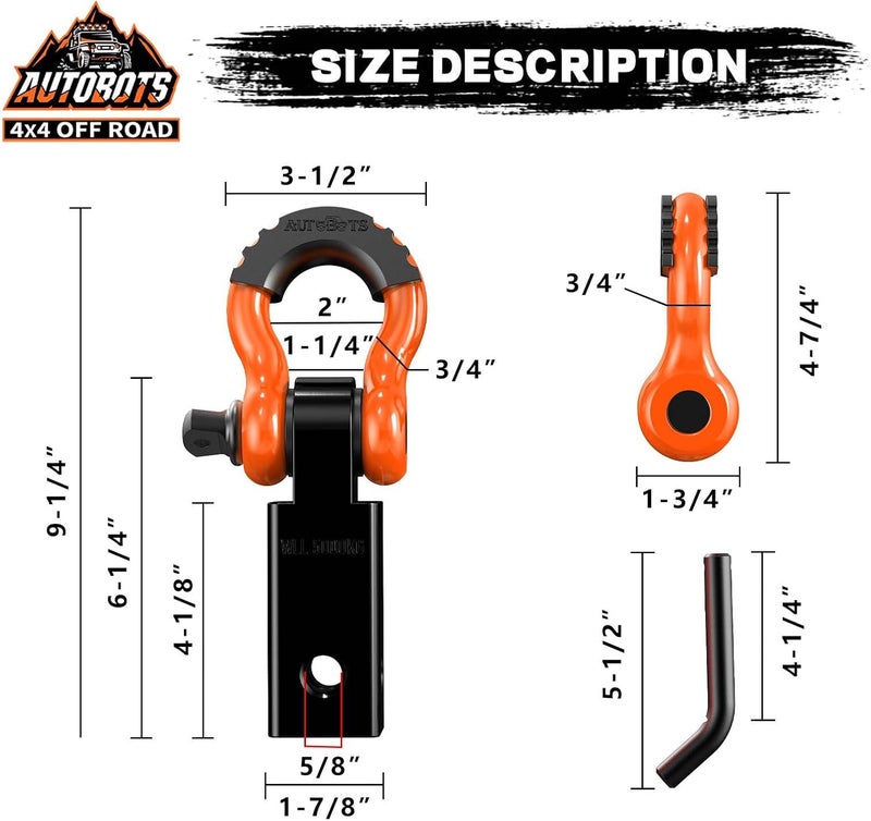 AUTOBOTS Tow Hitch Receiver 2", 45,000 Lbs Break Strength Shackle Hitch Receiver with 5/8" Screw Pin, 3/4 Shackle, Towing Accessories for Vehicle Trailer Recovery Off-Road Orange&Black - Image 4