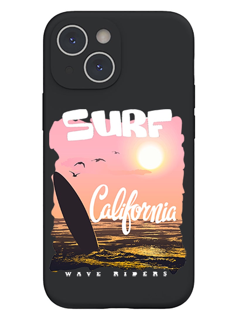 Theodor Protective Slim Fit Case Liquid Silicone Cover with Full Body Protection Anti-Scratch Shockproof Case For iPhone 15 Plus Black - Surf California white - Image 1