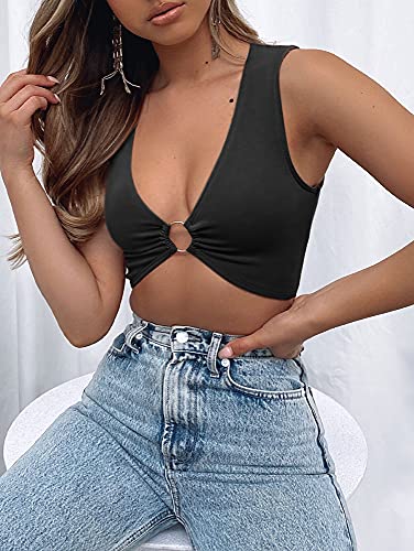 AEVZIV Sexy Crop Tops for Women Sleeveless Deep V Neck Workout Tops Plunge Ring Cleavage Cropped Tank Top Black S - Image 5