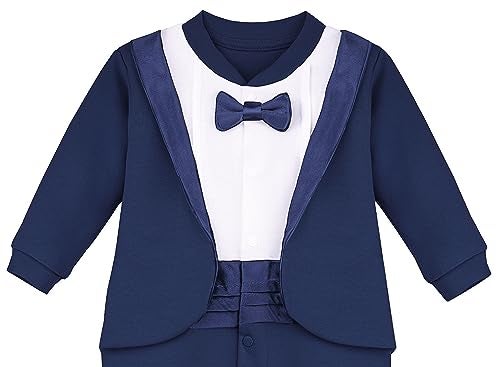 Lilax Baby Boy Gentleman Tuxedo Footie Christmas Holiday Outfit with Bow Tie 9M Navy - Image 4