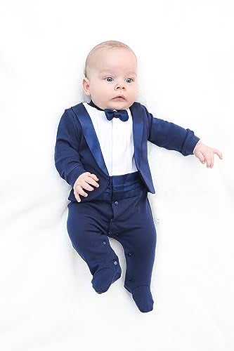 Lilax Baby Boy Gentleman Tuxedo Footie Christmas Holiday Outfit with Bow Tie 9M Navy - Image 2
