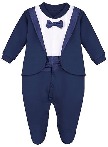 Lilax Baby Boy Gentleman Tuxedo Footie Christmas Holiday Outfit with Bow Tie 9M Navy - Image 1