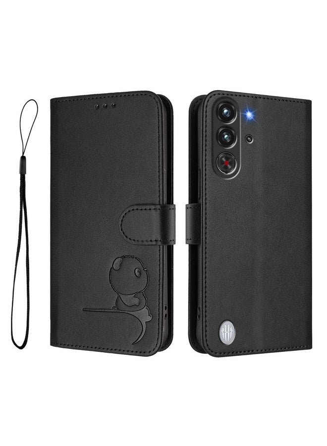 HuHa Case Cover For ZTE nubia RedMagic 10 Pro / 10 Pro+ Litter Panda Embossing RFID Leather Phone Case with Lanyard(Black) - Image 2