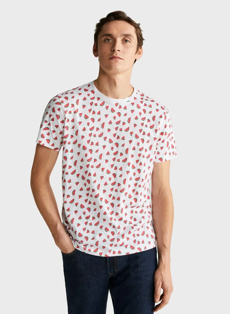 Mango Man Watermelon Print Crew Neck T-Shirt