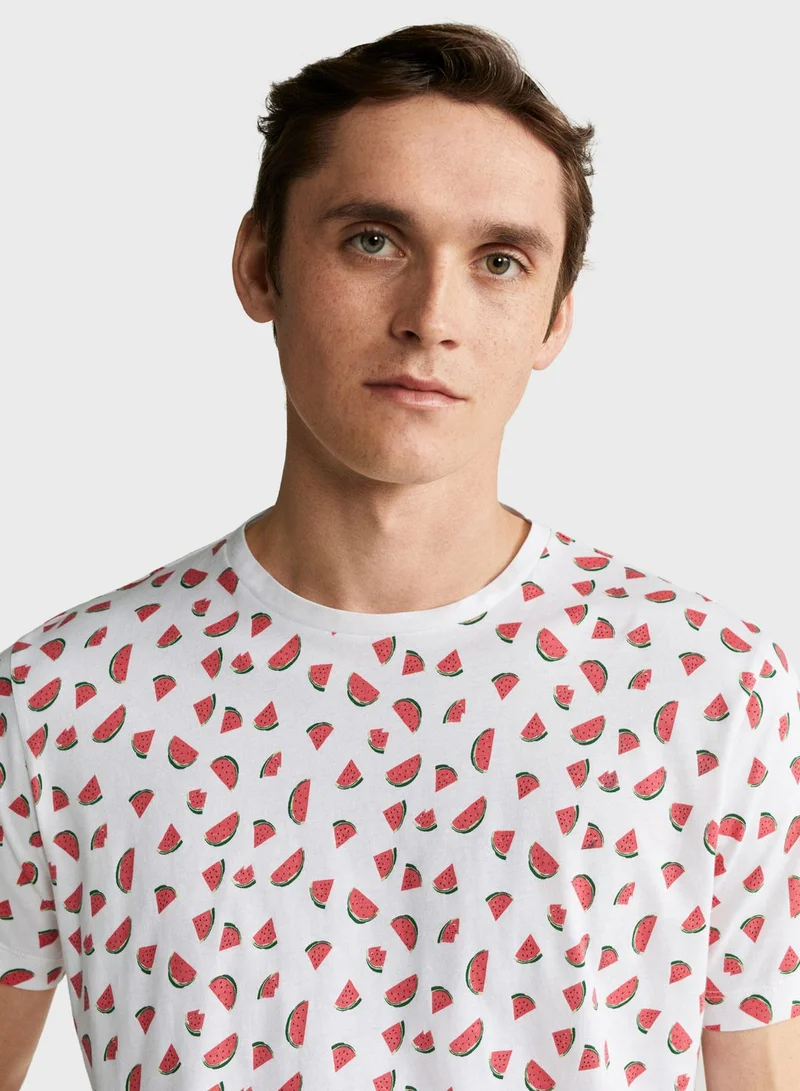 Mango Man Watermelon Print Crew Neck T-Shirt