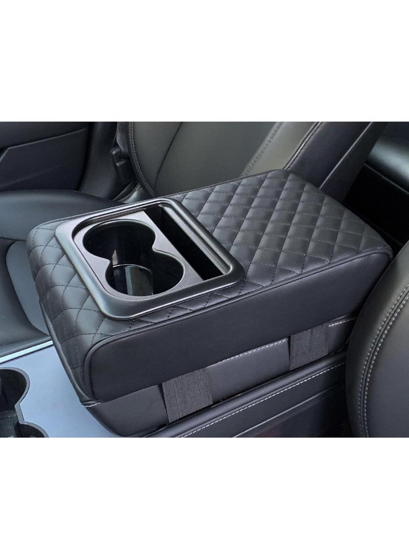 Multifunctional Faux Leather Armrest Cushion with Cup Holder, Phone Storage, and Ergonomic Design for All Seasons (Black) - Image 1