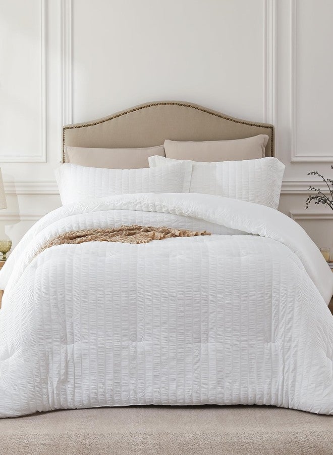 Quataly White Oversized Queen Comforter Set - 3 Pieces Seersucker Lightweight Bedding Comforter Sets (1 Soft Fluffy Comforter & 2 Pillowcases) - All Seasons Cozy Modern Bed Sets for Women Men - Image 1