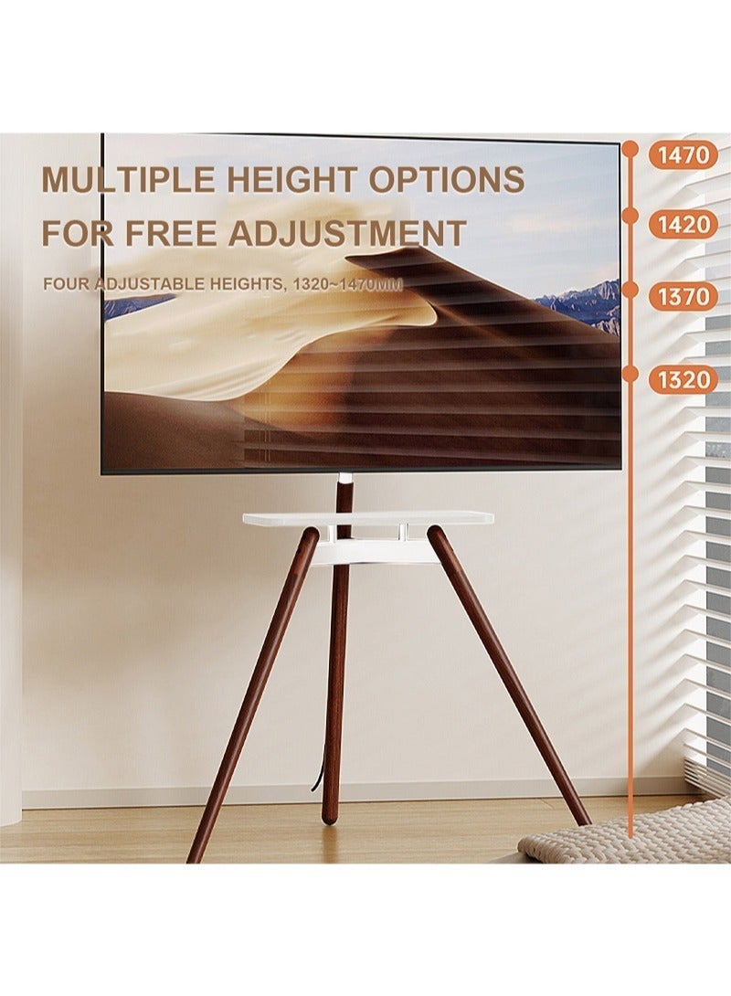 FlashHawk Tripod Floor TV Stand for 32–75 Inch TVs – Height Adjustable with 15° Tilt, Wooden Tray & Cable Management – VESA 600x400mm – Holds up to 45kg – White - Image 2
