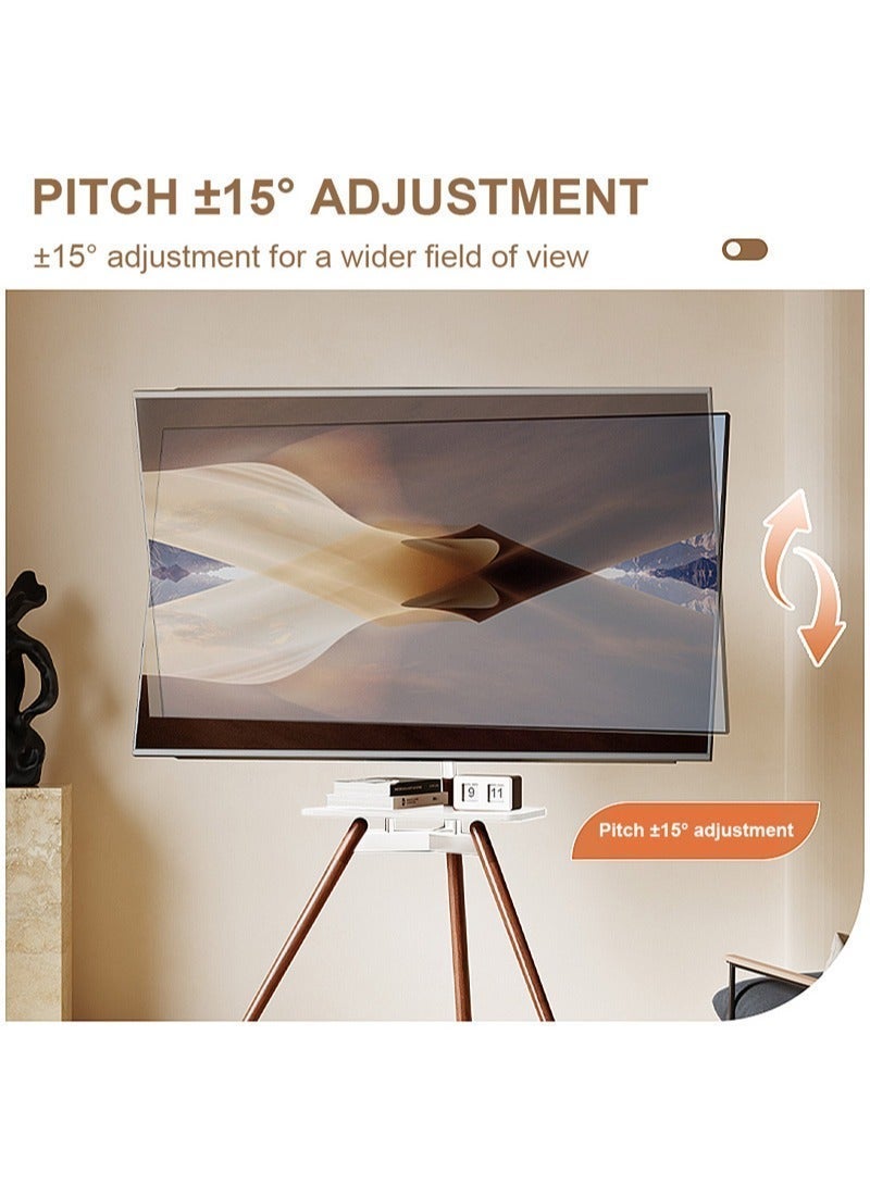 FlashHawk Tripod Floor TV Stand for 32–75 Inch TVs – Height Adjustable with 15° Tilt, Wooden Tray & Cable Management – VESA 600x400mm – Holds up to 45kg – White - Image 4