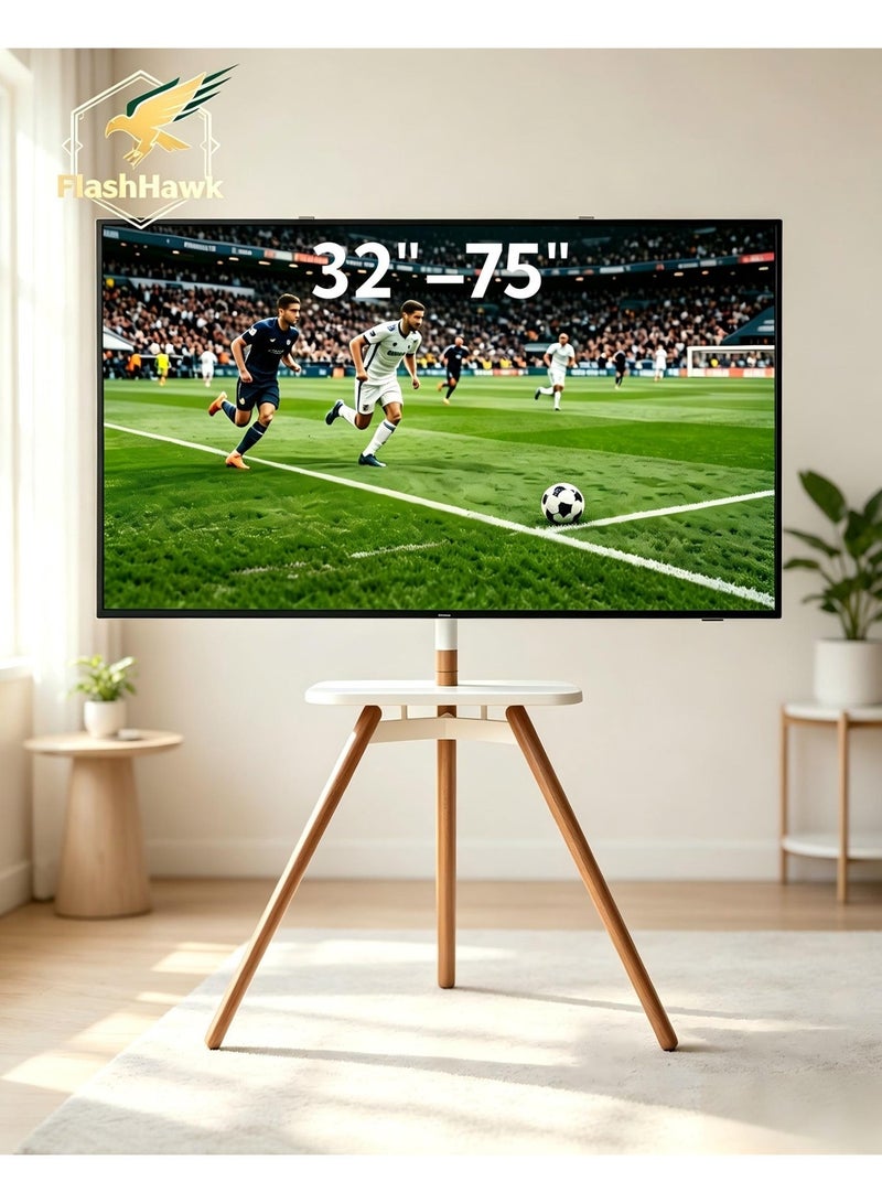 FlashHawk Tripod Floor TV Stand for 32–75 Inch TVs – Height Adjustable with 15° Tilt, Wooden Tray & Cable Management – VESA 600x400mm – Holds up to 45kg – White - Image 1