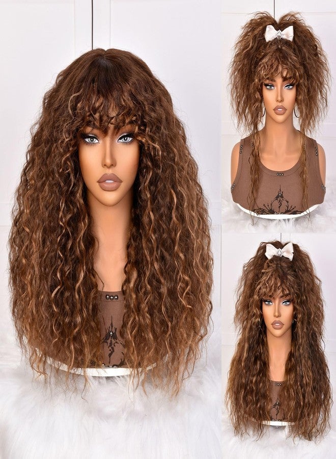 Annivia Curly Wig human hair for Black Women 200 Density Long Curly Wig with Bangs 100% Human Hair Highlight Mix Brown wigs for Daily - Image 1