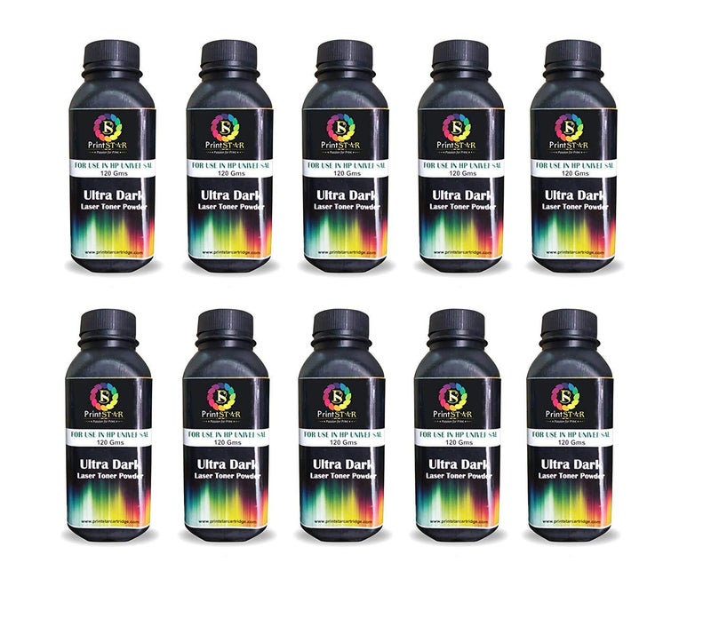 Print Star Ultra Dark Black Toner Powder Compatible with HP 12A, 15A, 49A, 53A, 55A, 26A, 05A, 79A & Canon FX9, 103, 703, 903 Cartridges | Easy Refill | High Yield Toner (120g, Pack of 10) - Image 1