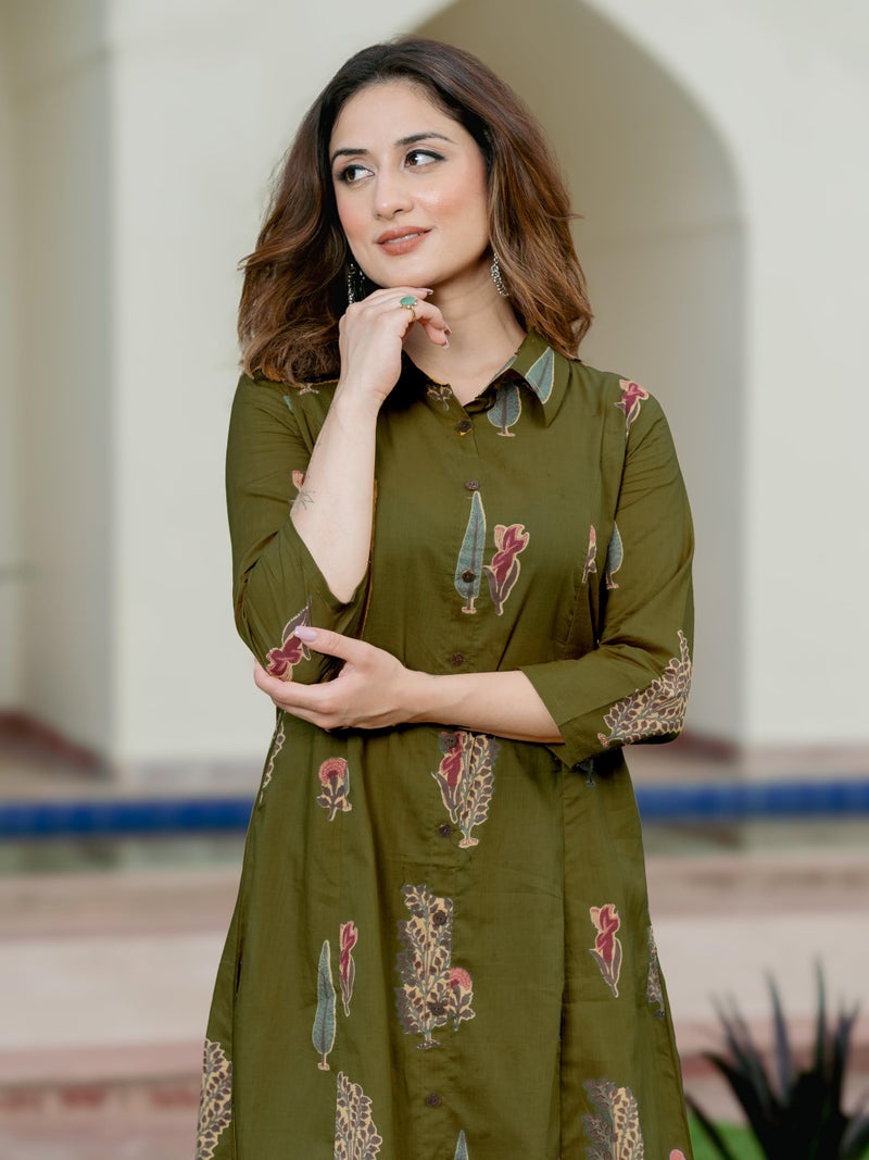 Arayna Women’s Pure Cotton Printed A-Line Kurta Set with Pants | Button-Down Collar Kurta, Olive Green, Medium - Image 4