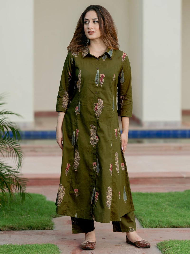 Arayna Women’s Pure Cotton Printed A-Line Kurta Set with Pants | Button-Down Collar Kurta, Olive Green, Medium - Image 3