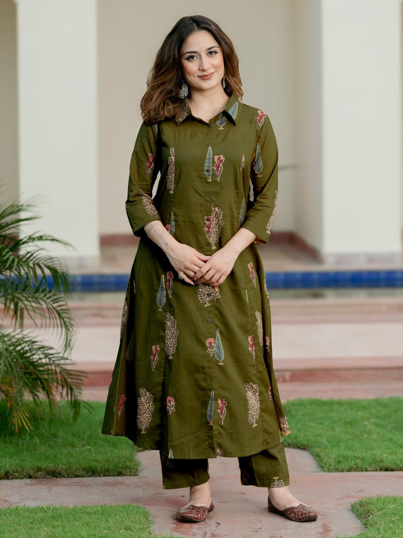 Arayna Women’s Pure Cotton Printed A-Line Kurta Set with Pants | Button-Down Collar Kurta, Olive Green, Medium - Image 2