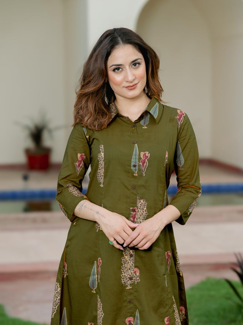 Arayna Women’s Pure Cotton Printed A-Line Kurta Set with Pants | Button-Down Collar Kurta, Olive Green, Medium - Image 5