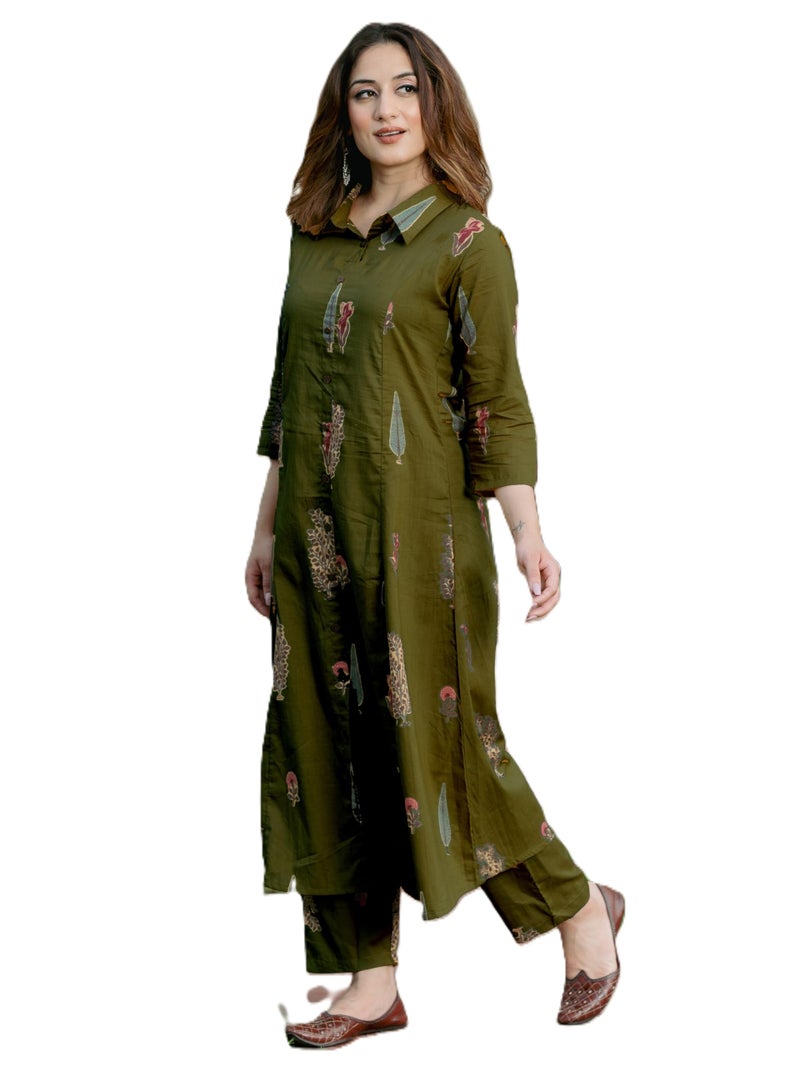 Arayna Women’s Pure Cotton Printed A-Line Kurta Set with Pants | Button-Down Collar Kurta, Olive Green, Medium - Image 1