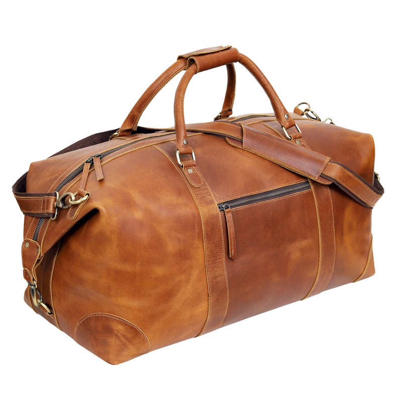 24 Inch Genuine Buffalo Leather Travel Duffle Bag Overnight Weekend Leather Bag Sports Gym Duffel for Men Airplane Under Seat Carry on Bags Tan