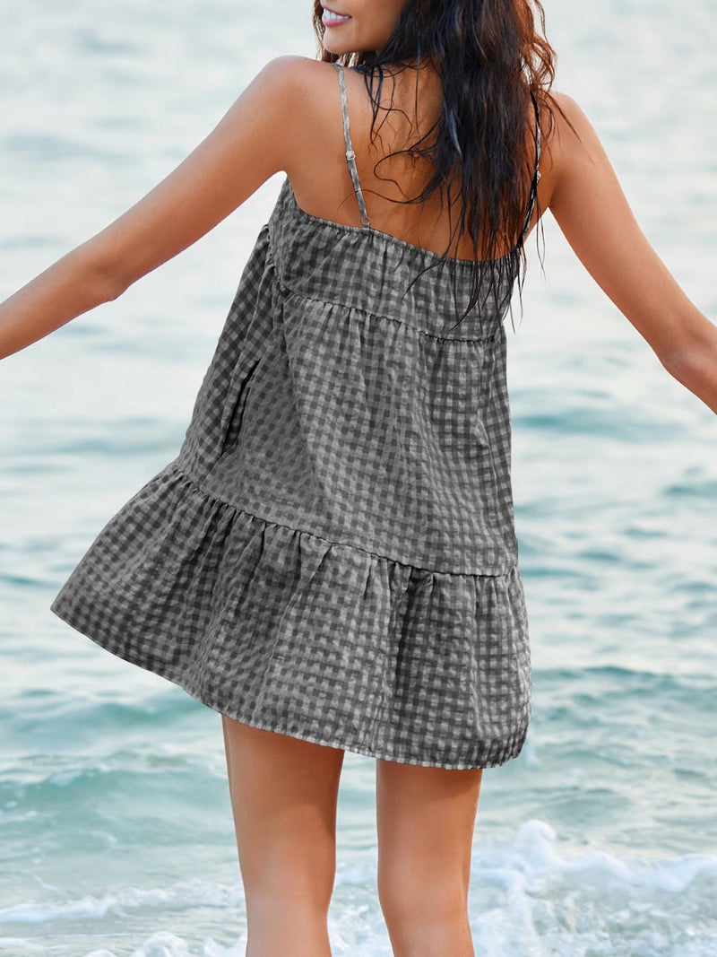 Wenrine Womens Summer Plaid Mini Dress Casual Spaghetti Strap Sleeveless A Line Beach Sundress with Pockets Black - Image 4