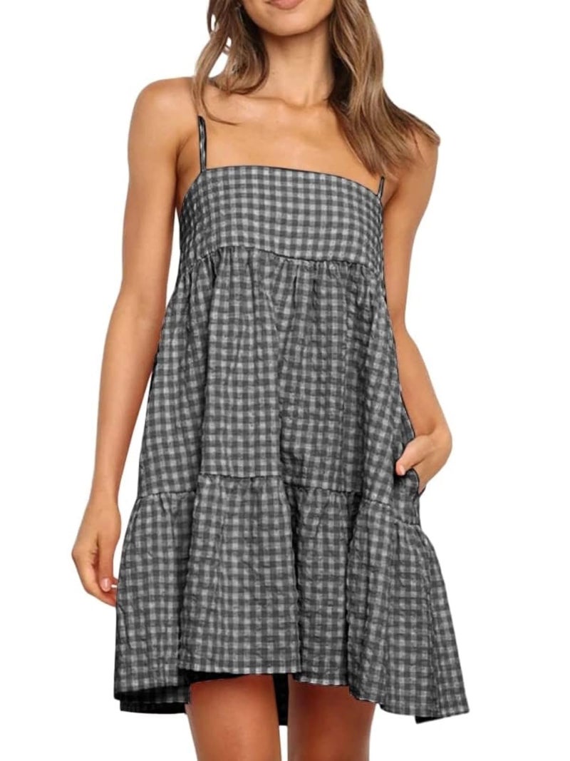 Wenrine Womens Summer Plaid Mini Dress Casual Spaghetti Strap Sleeveless A Line Beach Sundress with Pockets Black - Image 1