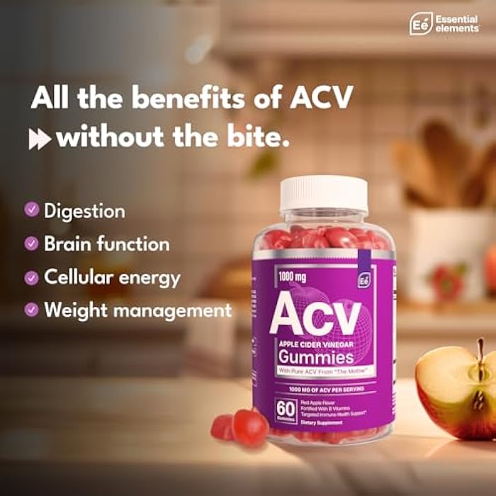 Essential Elements Apple Cider Vinegar Gummies from The Mother - 60 Count (3 Pack) - Image 3