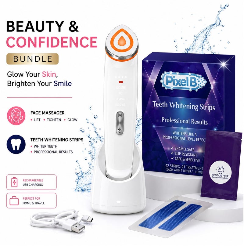 Pixel B جهاز تدليك الوجه بيكسل ب EMS بتقنية الميكروكهرباء | أداة لشد الوجه ورفع البشرة | مزيل التجاعيد لمكافحة الشيخوخة | نحت خط الفك وزيادة الإشراق | جهاز تجميل قابل لإعادة الشحن للنساء والرجال و مجموعة بيكسل ب الاحترافية لتبييض الأسنان، شرائط تبييض سريعة، آمنة للمينا، خالية من البيروكسيد، 42 شريط (21 علاج) - Image 1