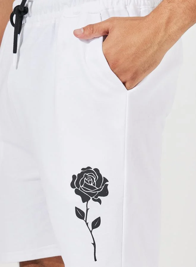 Styli Floral Printed Fleece Regular Shorts with Contrast Drawstring